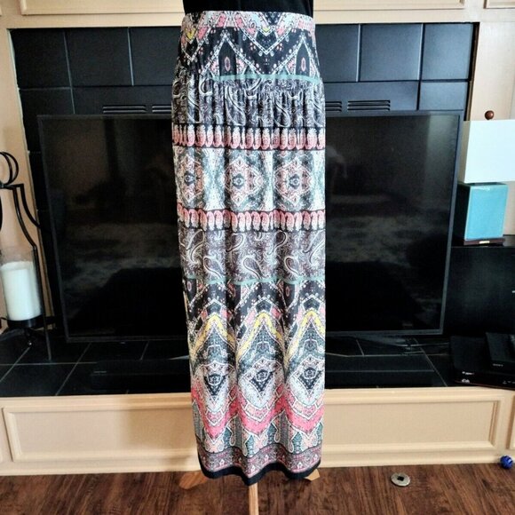 One World Medallion Paisley Maxi Skirt L Black Multi Pull On Boho EUC - Picture 3 of 9